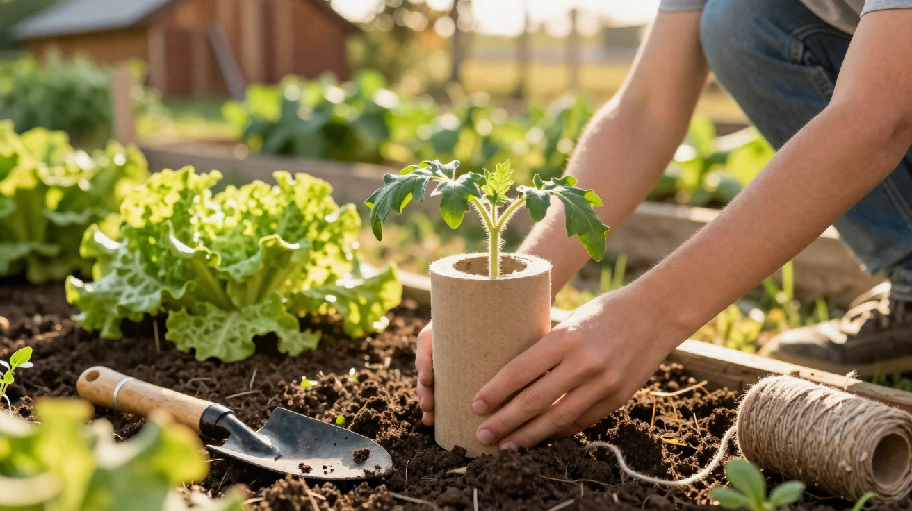 Pessoa plantando muda de tomate em vaso biodegradável em horta caseira com terra e hortaliças.