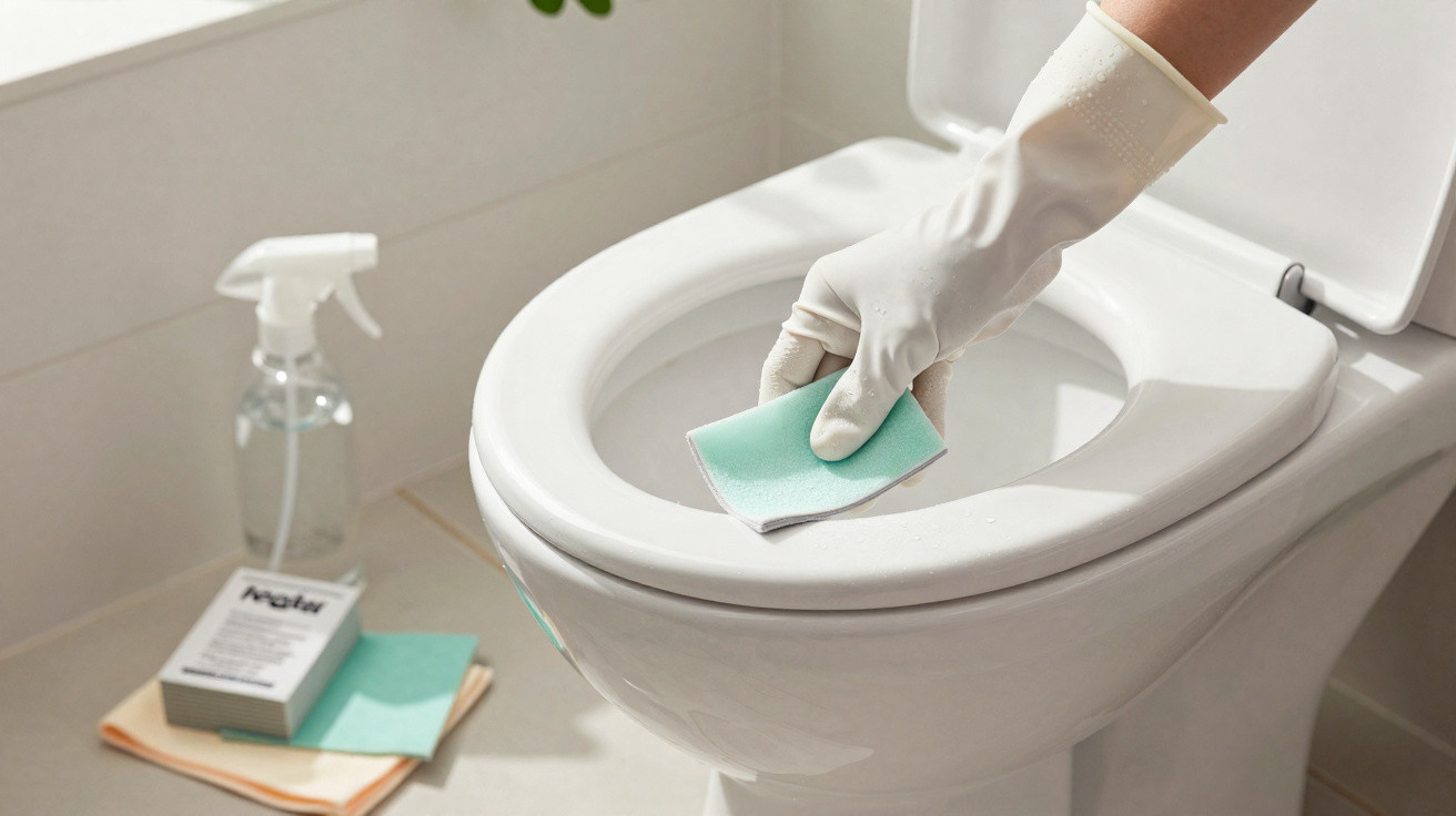 Pessoa usando luva branca limpando vaso sanitário com esponja verde.
