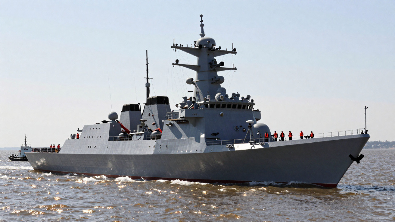 Fragata naval cinza com tripulação usando coletes laranja navegando em mar calmo sob céu claro.