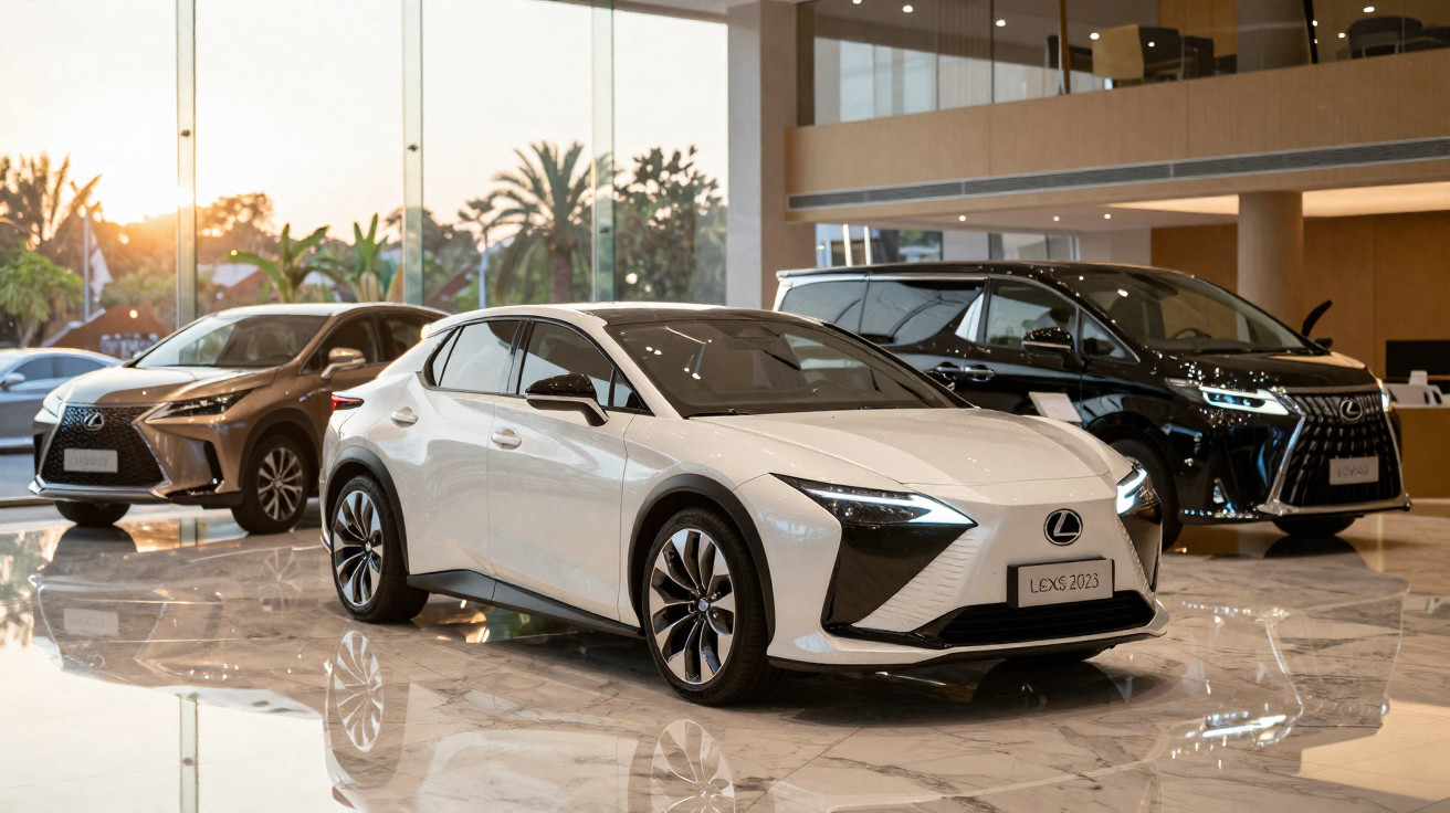 Interior de showroom com três carros Lexus 2023, destaque para modelo branco em primeiro plano.