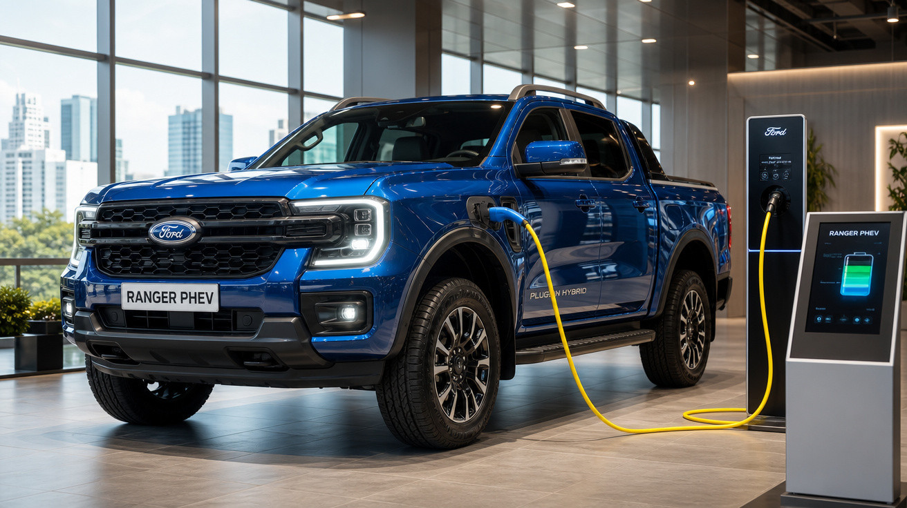 Picape elétrica azul Ford Ranger PHEV sendo carregada em showroom moderno com vista urbana ao fundo.