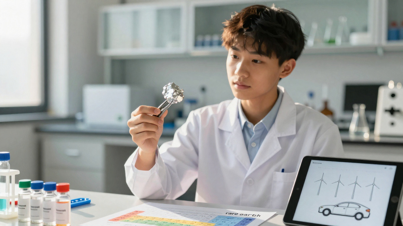 Jovem cientista com jaleco branco analisando amostra em laboratório moderno.