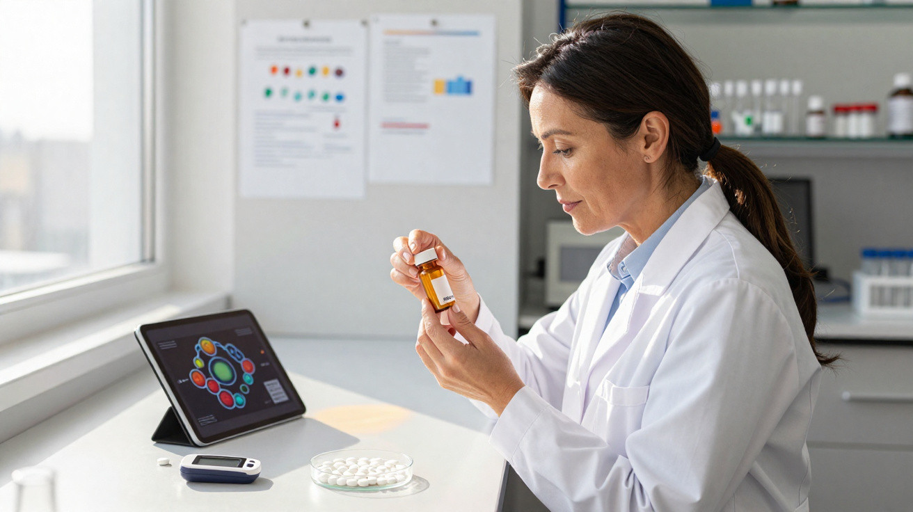 Mulher cientista em jaleco analisando frasco de medicamento em laboratório com tablets e dispositivo médico ao lado.