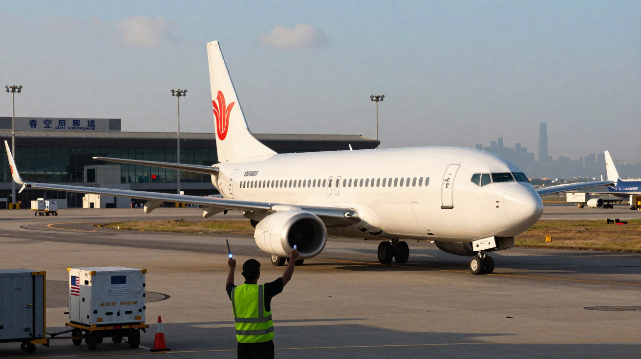 Avião branco taxiando no aeroporto, guiado por funcionário com colete amarelo e bastões luminosos.