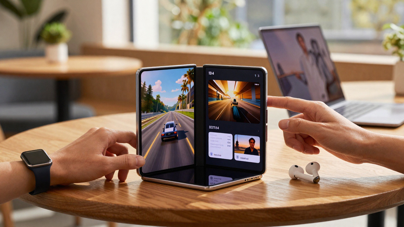 Pessoa usando smartphone dobrável em mesa de madeira, com vídeo e jogo exibidos na tela.