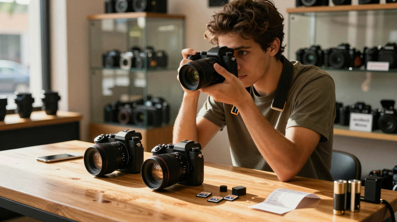 Jovem fotografando com câmera DSLR em loja de equipamentos fotográficos, com várias câmeras na mesa e prateleiras.