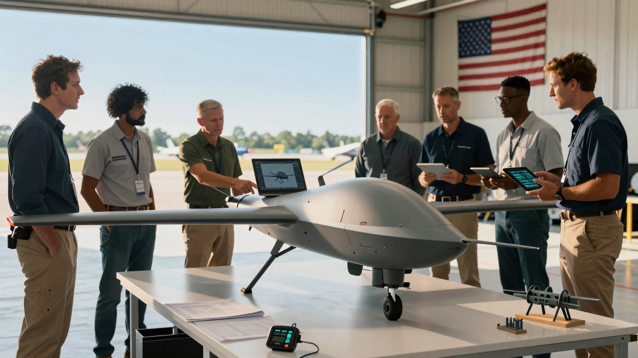 Equipe de engenheiros analisando drone militar em hangar com bandeira dos EUA ao fundo.