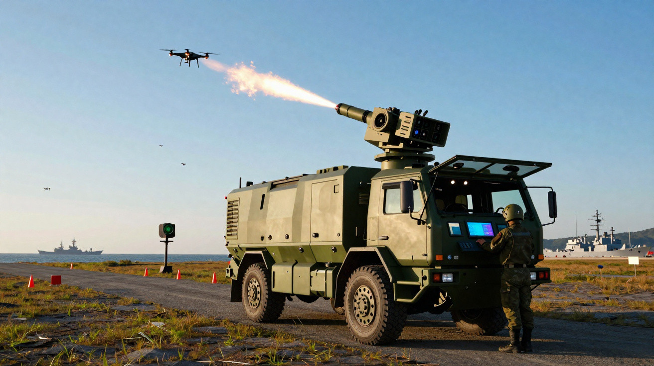 Veículo militar disparando foguete contra drone em ambiente costeiro com navios ao fundo.