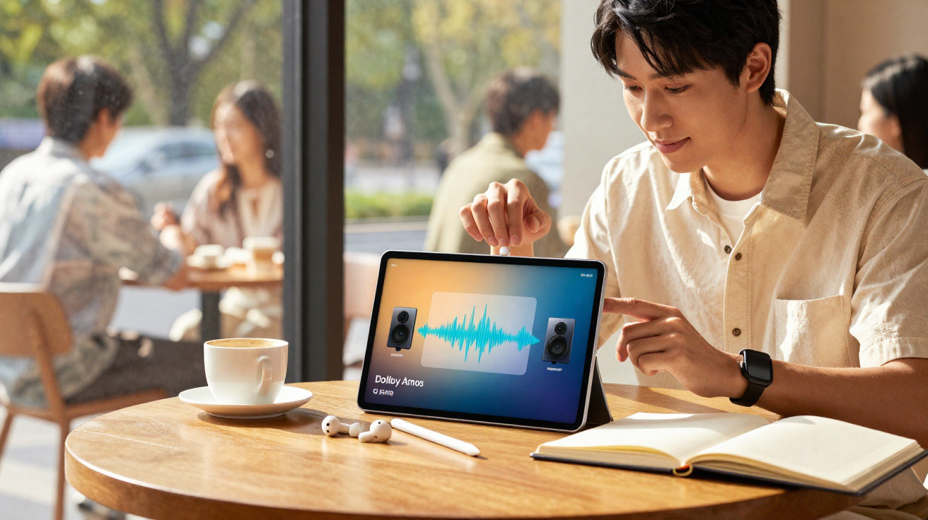 Jovem sentado em café, usando tablet para música, com fones, caneta e caderno na mesa.