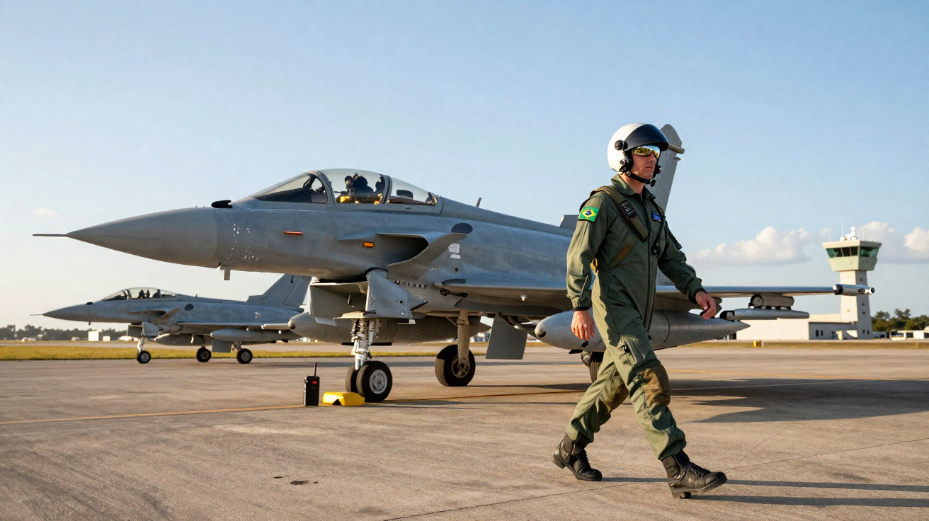 Piloto da Força Aérea Brasileira caminha em pista com jatos de caça ao fundo em dia claro.