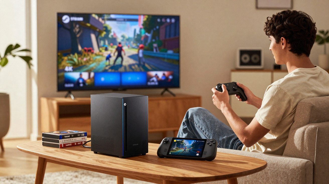 Jovem sentado no sofá jogando videogame, com console, controle e jogos em mesa de madeira à frente.