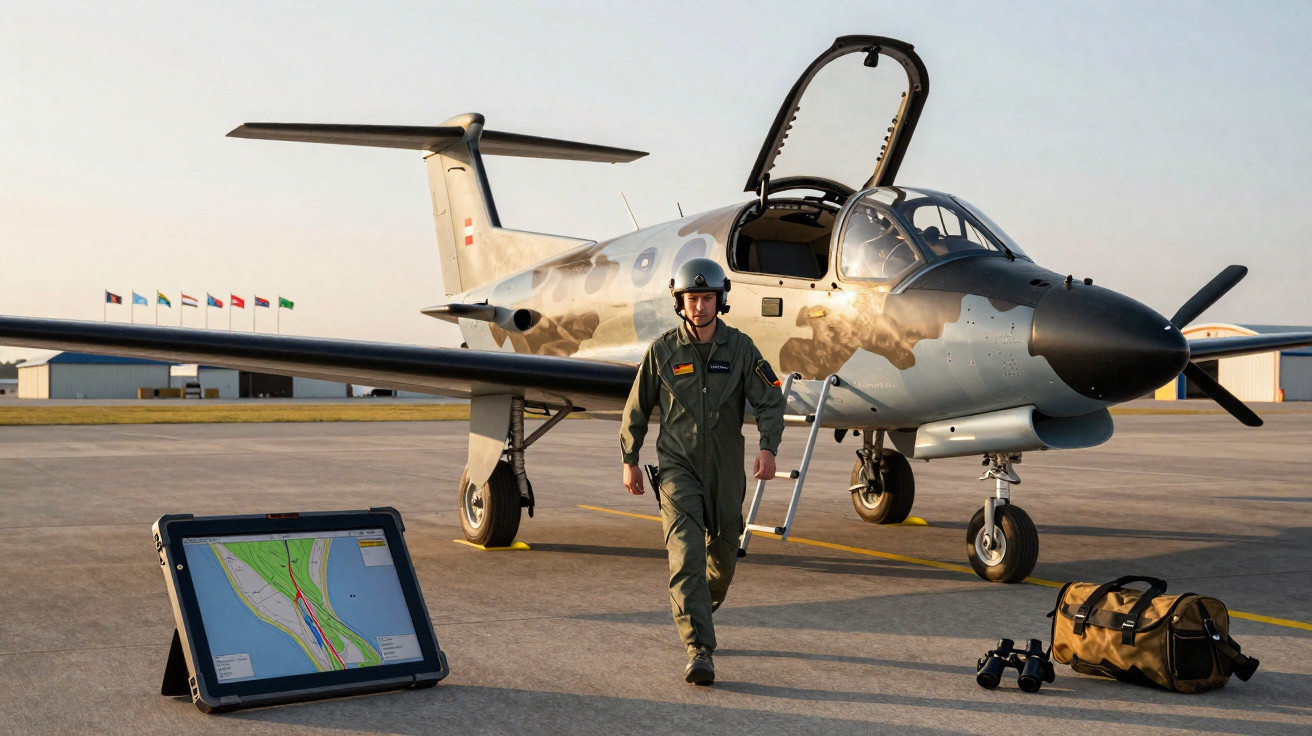 Piloto em uniforme camuflado caminhando próximo a avião militar cinza com cabine aberta no pátio de aeródromo.