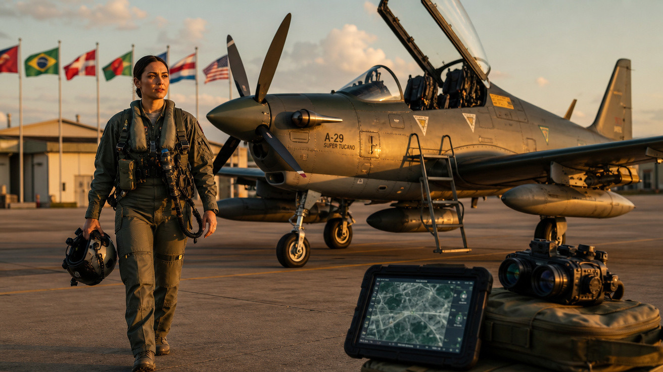 Piloto militar feminina caminha na pista ao lado de avião A-29 Super Tucano ao pôr do sol.