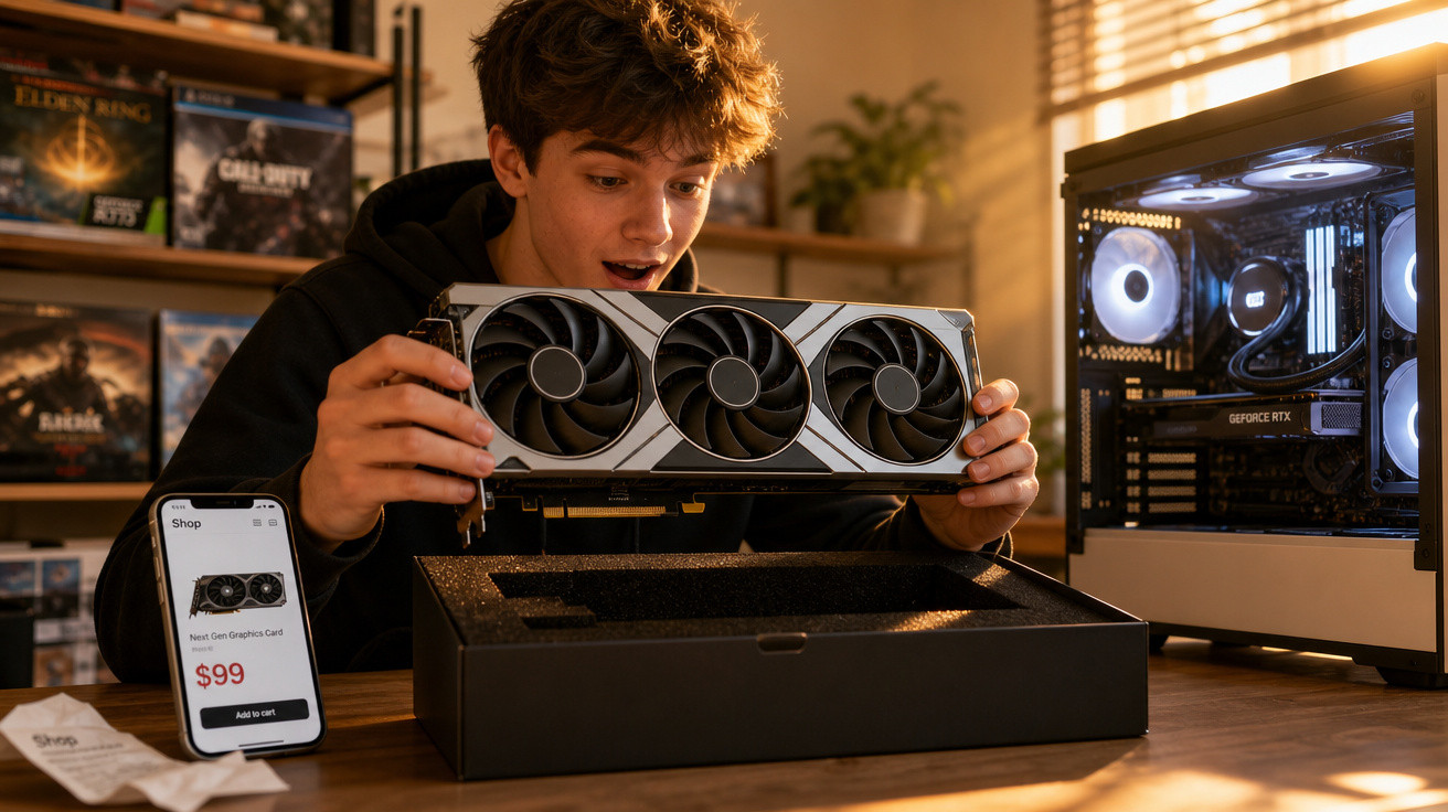 Jovem surpreso segurando placa de vídeo nova próximo a computador e celular mostrando compra online.