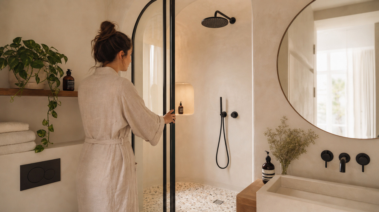 Mulher com roupão abre porta de vidro para entrar em banheiro moderno com chuveiro e decoração neutra.