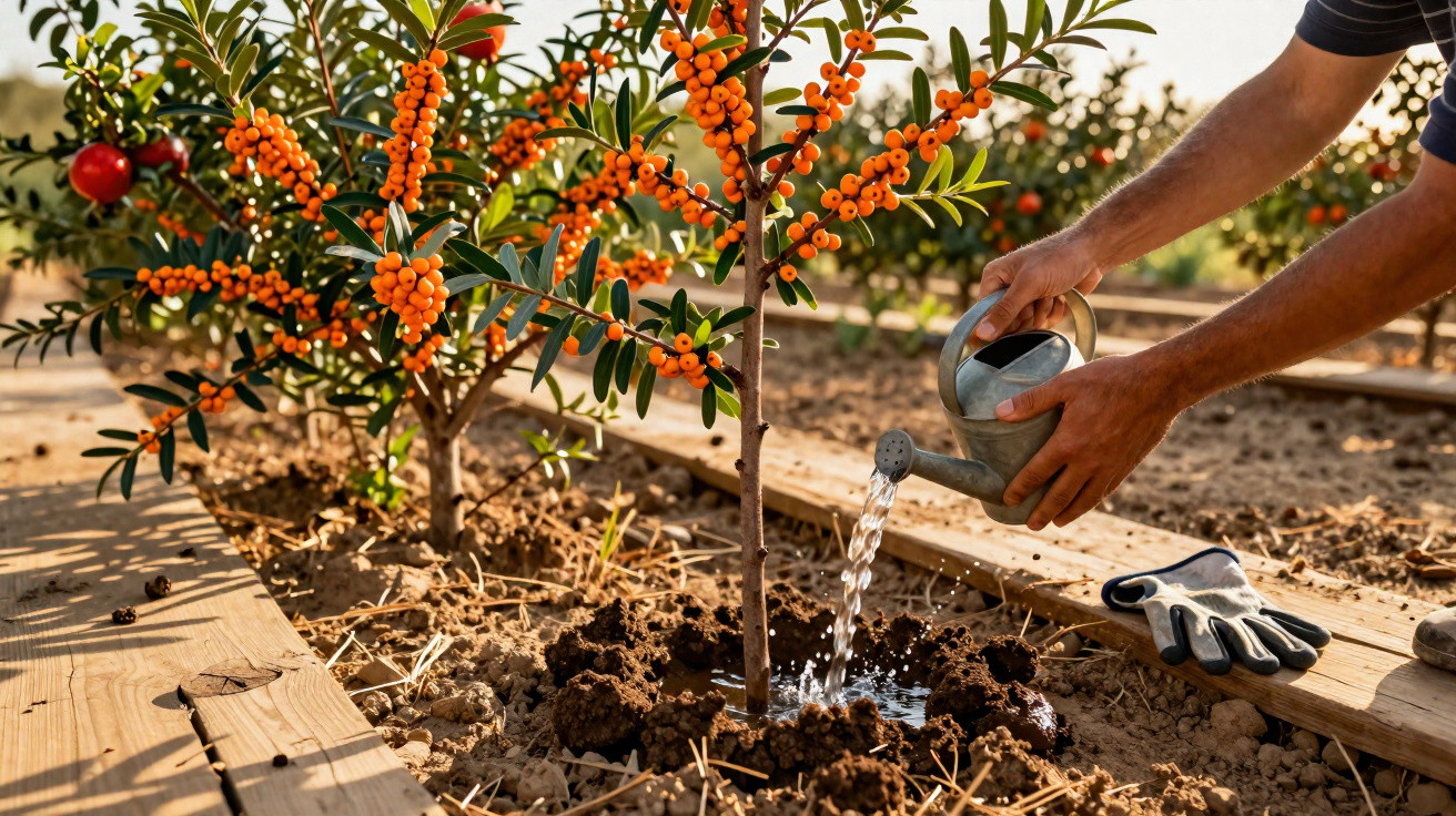 Pessoa regando árvore com frutas laranjas em jardim com luvas ao lado sobre madeira.