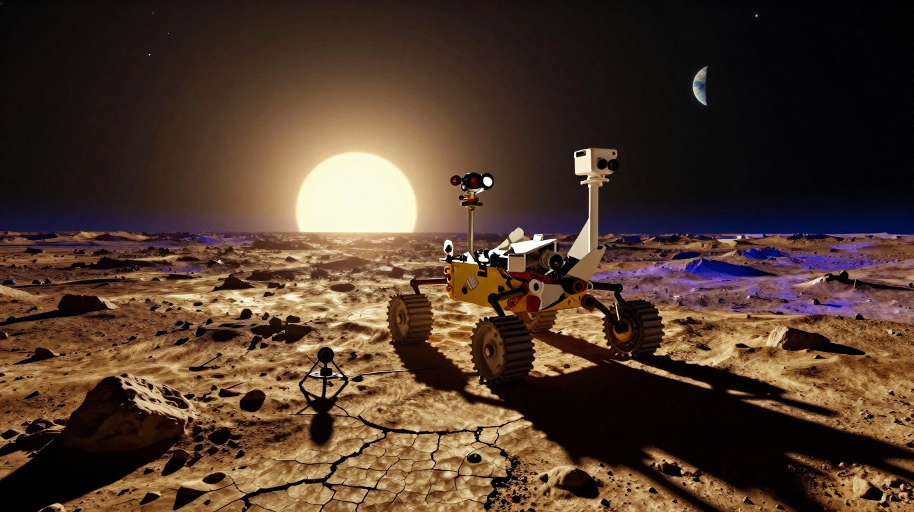 Rover explorando terreno rochoso e árido ao pôr do sol em planeta alienígena com lua visível no céu.