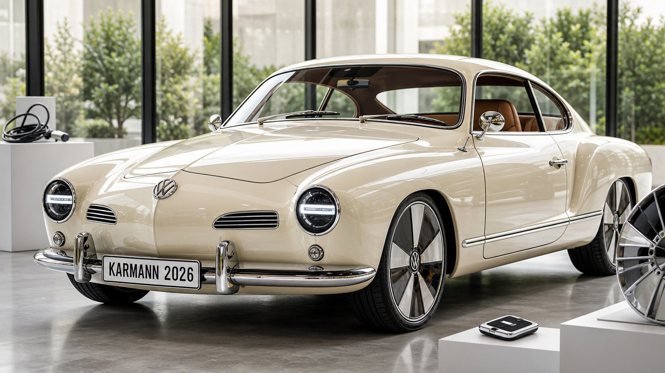 Carro clássico Volkswagen Karmann Ghia bege 2026 em exposição moderna com rodas estilizadas e faróis circulares.