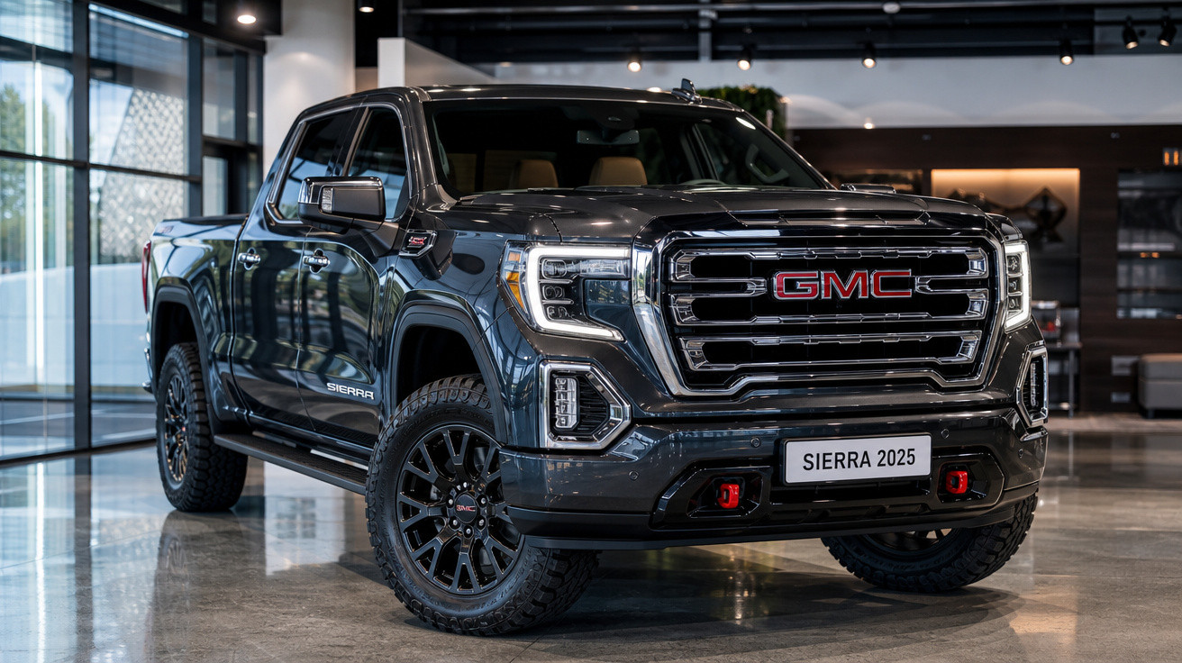 Picape preta GMC Sierra 2025 exibida em showroom moderno com piso brilhante e iluminação interna.