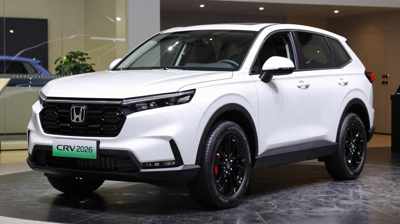 SUV branco Honda CR-V 2026 exposto em showroom, com rodas pretas e detalhes modernos.