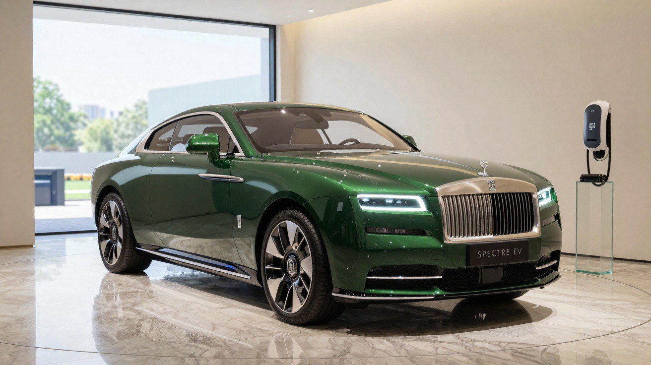 Carro elétrico verde Rolls-Royce Spectre EV exibido em sala moderna com piso de mármore e carregador.
