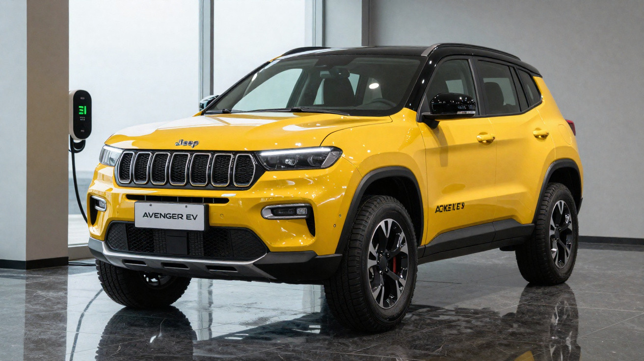 SUV elétrico Jeep Avenger EV amarelo em carregador interno, com teto preto e rodas pretas.