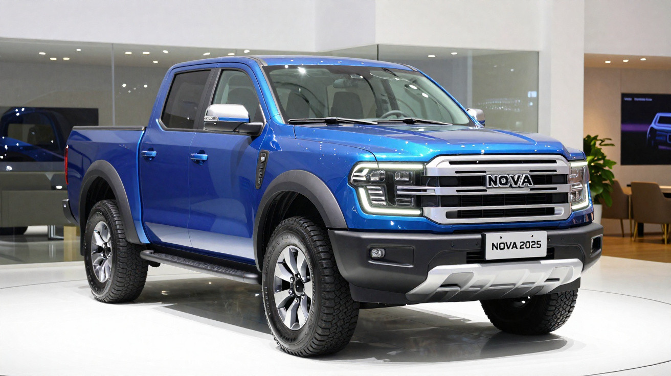 Picape azul Nova 2025 exposta em salão de automóveis com iluminação interna.
