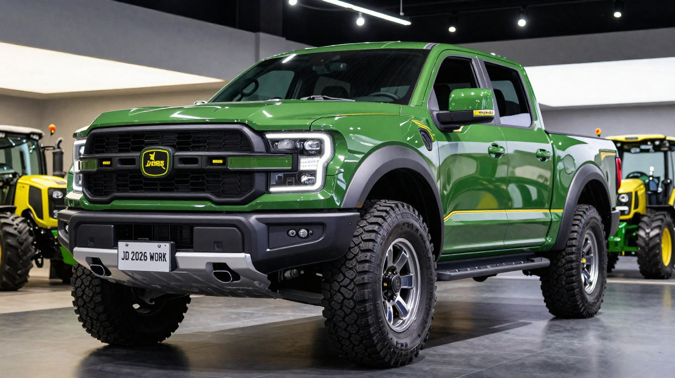Picape verde robusta com pneus grandes em showroom com tratores no fundo.