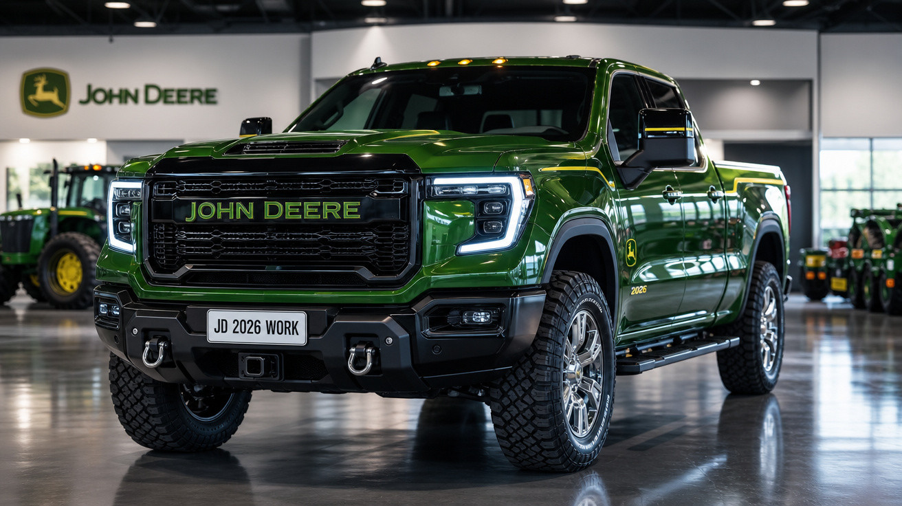 Caminhonete verde John Deere JD 2026 Work exposta em showroom com iluminação interna.