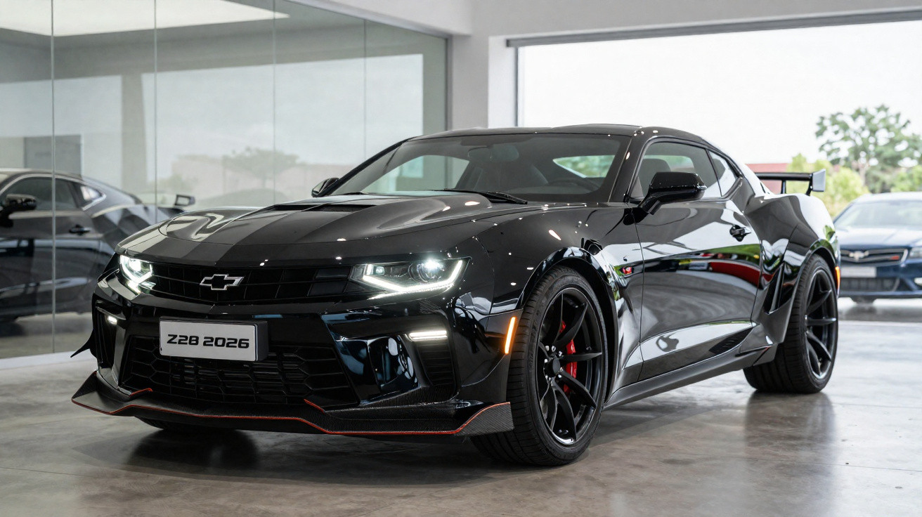 Carro esportivo Chevrolet Camaro Z28 2026 preto exibido em showroom moderno e iluminado.