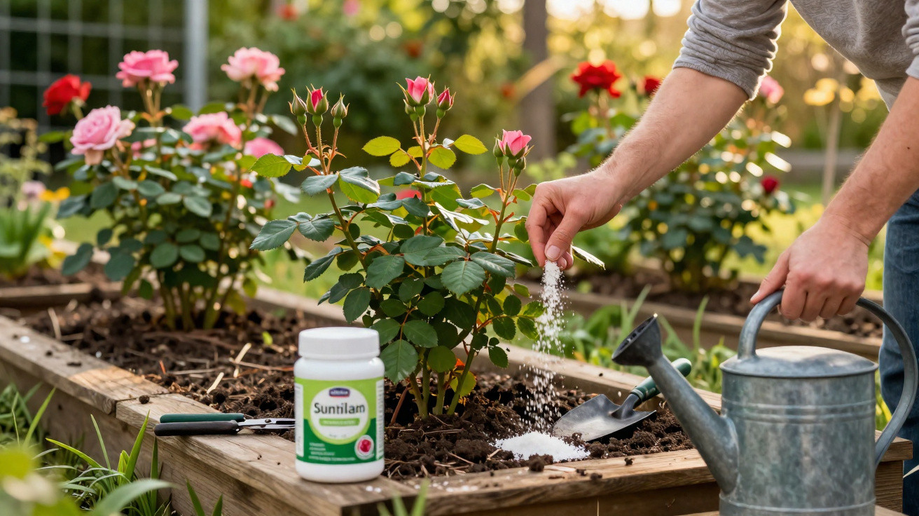 Pessoa aplicando fertilizante em roseira com regador e ferramentas de jardinagem ao redor.