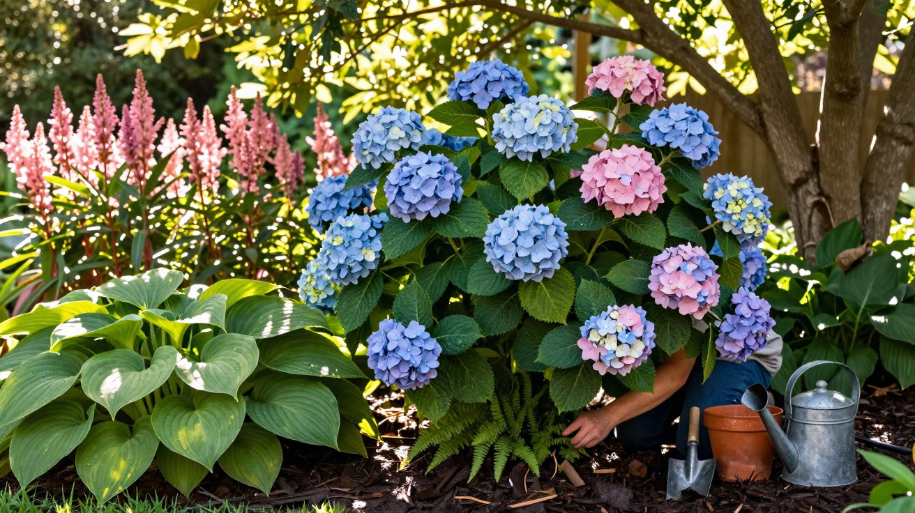 Pessoa cuidando de hortênsias rosas e azuis em jardim ensolarado com regador e ferramentas ao lado.