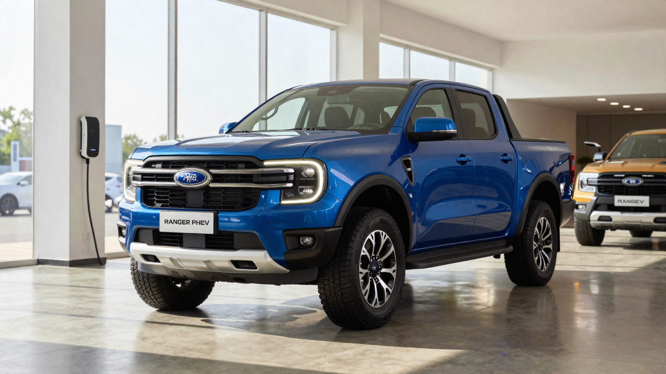 Picape azul Ford Ranger PHEV em showroom moderno com grandes janelas e piso de concreto polido.