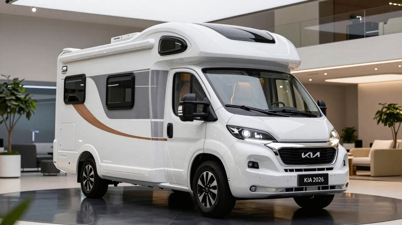 Motorhome branco Kia 2026 estacionado em ambiente interno moderno com plantas e sofás ao fundo.