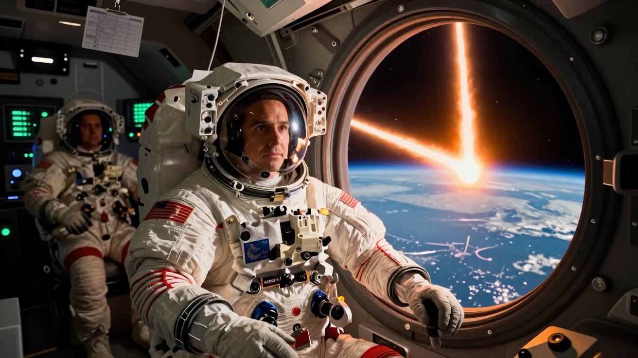 Dois astronautas dentro de espaçonave observando meteorito entrando na atmosfera da Terra pela janela circular.