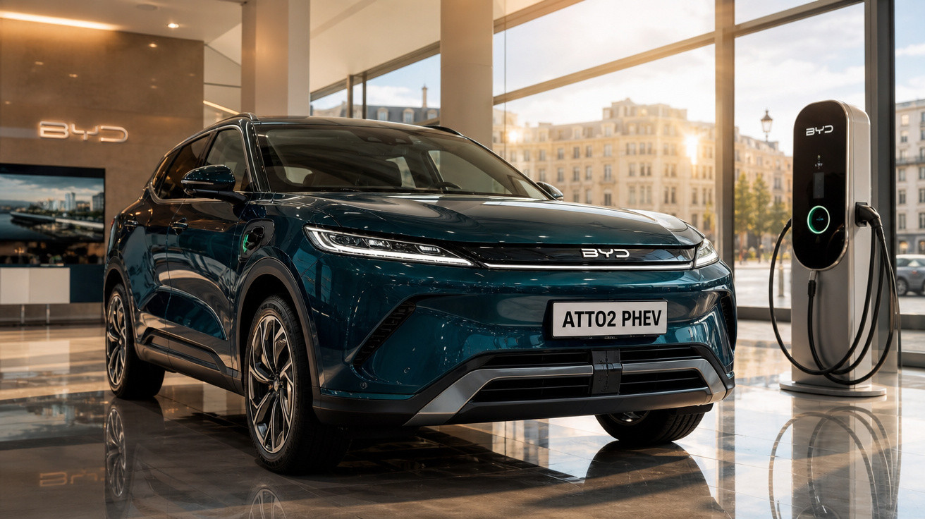 Carro elétrico BYD ATTO2 PHEV azul em exposição dentro de showroom moderno com estação de recarga ao lado.
