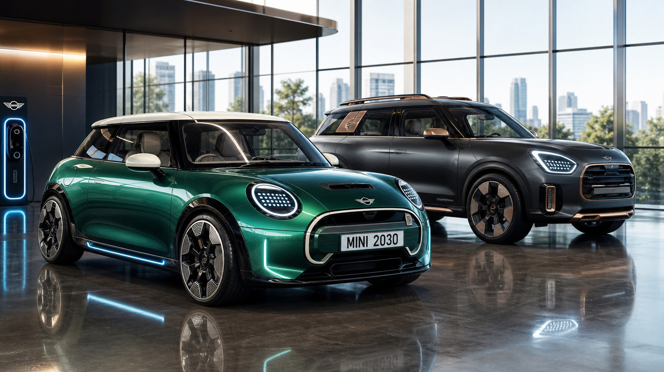 Dois carros elétricos MINI modernos estacionados em showroom com grandes janelas e vista para cidade ao fundo.