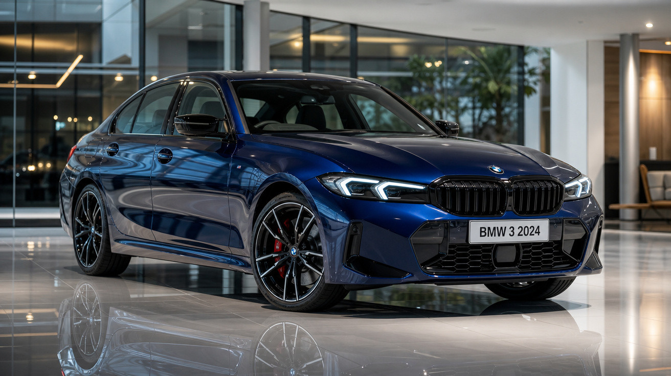 Carro BMW Série 3 2024 azul escuro em exposição interna com teto baixo e rodas esportivas.