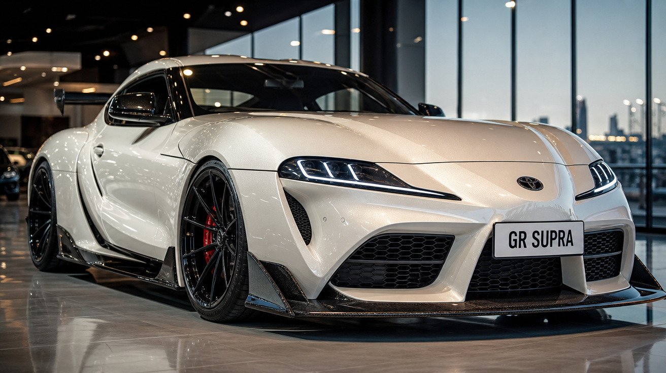 Carro esportivo branco Toyota GR Supra em showroom com rodas pretas e detalhes aerodinâmicos em fibra de carbono.