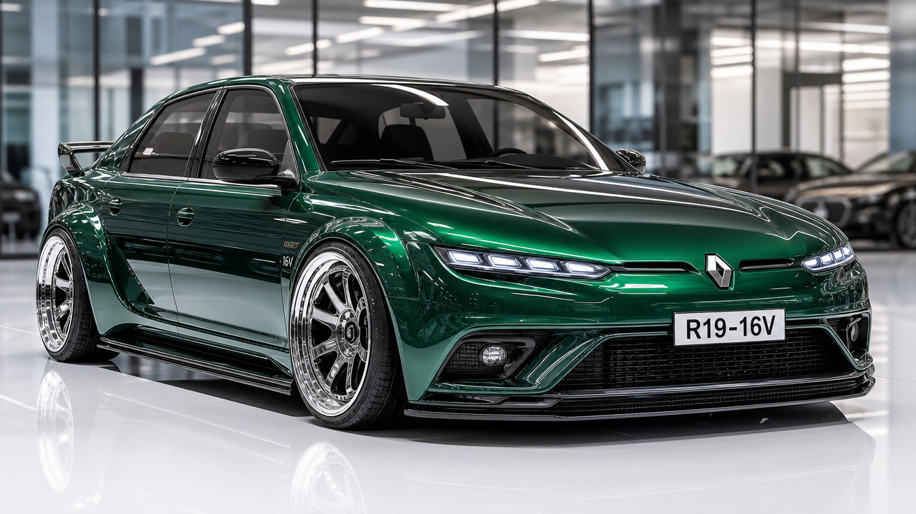 Carro esportivo Renault R19-16V verde metálico com rodas largas em showroom moderno e iluminado.