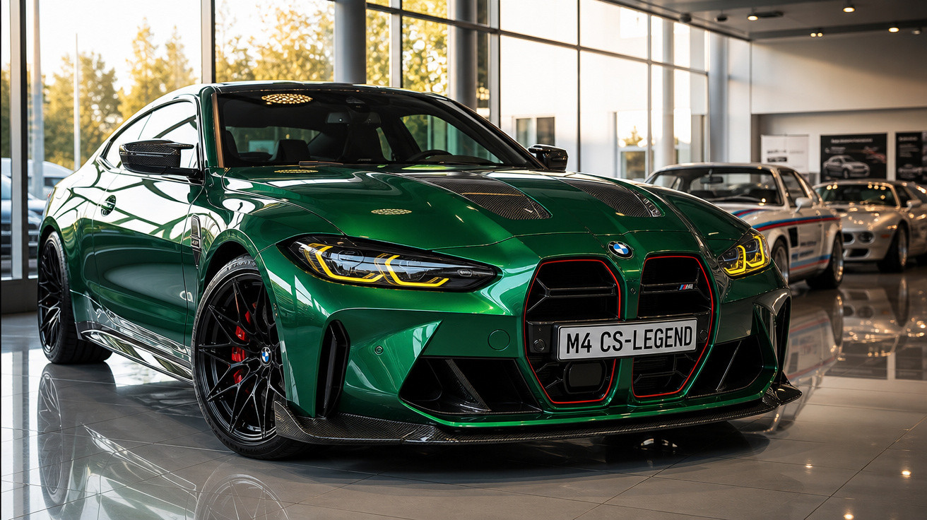 Carro esportivo BMW M4 CS verde metálico estacionado em showroom moderno com piso refletivo.