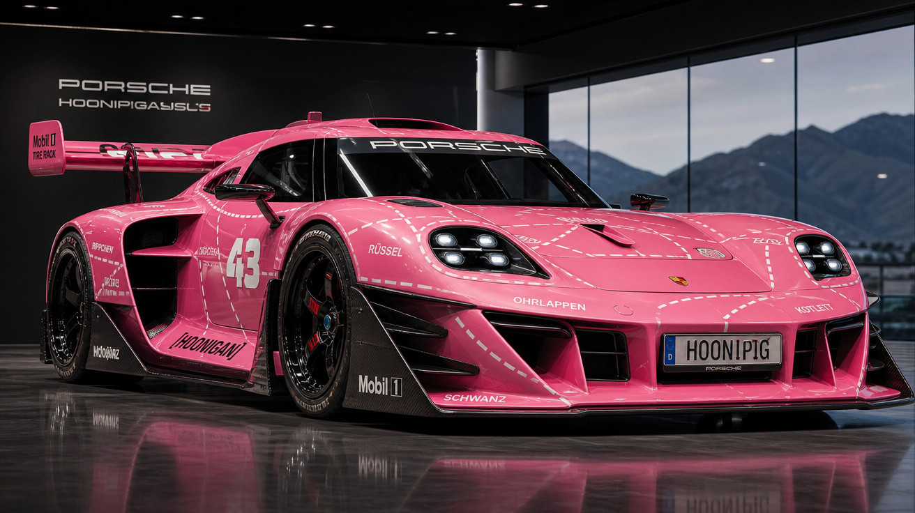 Carro de corrida Porsche Hoonipigasus S rosa exibido em ambiente fechado com vista para montanhas ao fundo.