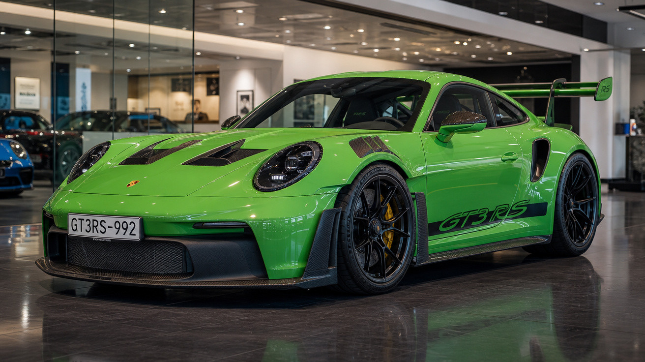 Carro esportivo Porsche verde brilhante modelo GT3 RS em showroom com acabamento aerodinâmico preto.