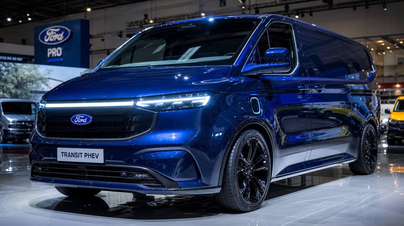 Van elétrica azul Ford Transit PHEV em exibição em salão automotivo.