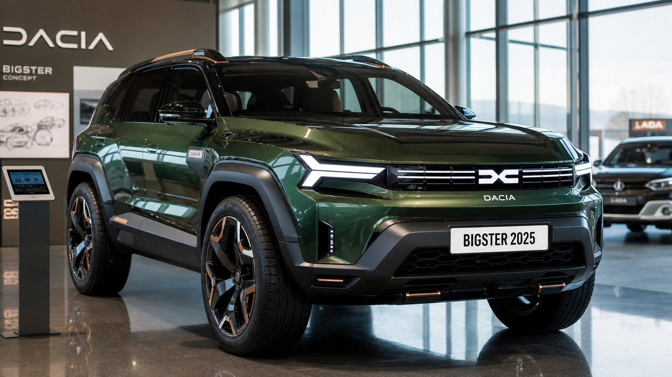 SUV Dacia Bigster 2025 verde escuro exposto em showroom moderno com grandes janelas de vidro.
