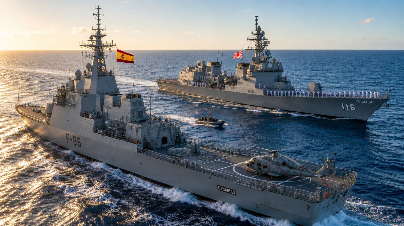 Duas fragatas militares no mar ao pôr do sol, uma com a bandeira da Espanha e outra do Japão.