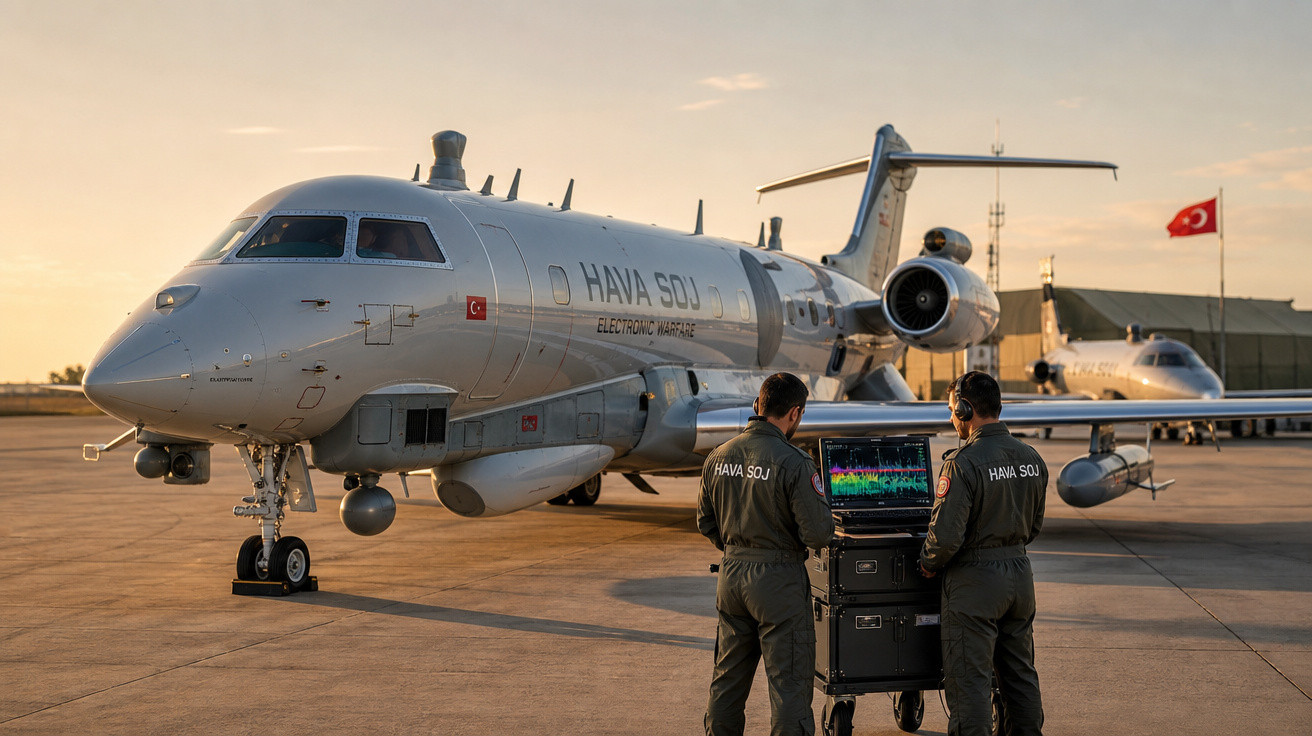 Dois militares com fones de ouvido operam equipamento eletrônico em frente a avião cinza da Força Aérea Turca.