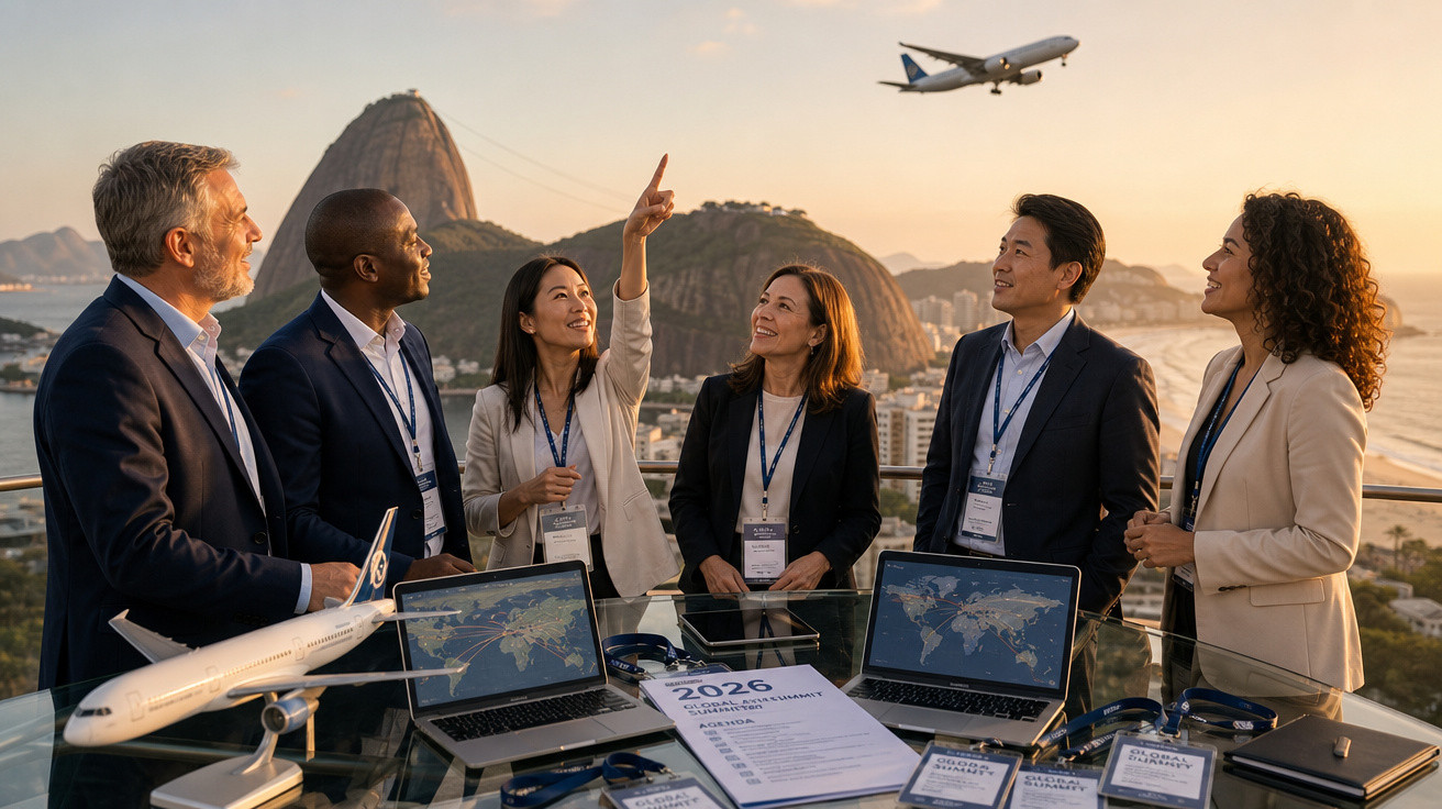 Grupo multicultural de profissionais em reunião ao ar livre com modelo de avião e laptops, avião no céu ao fundo.