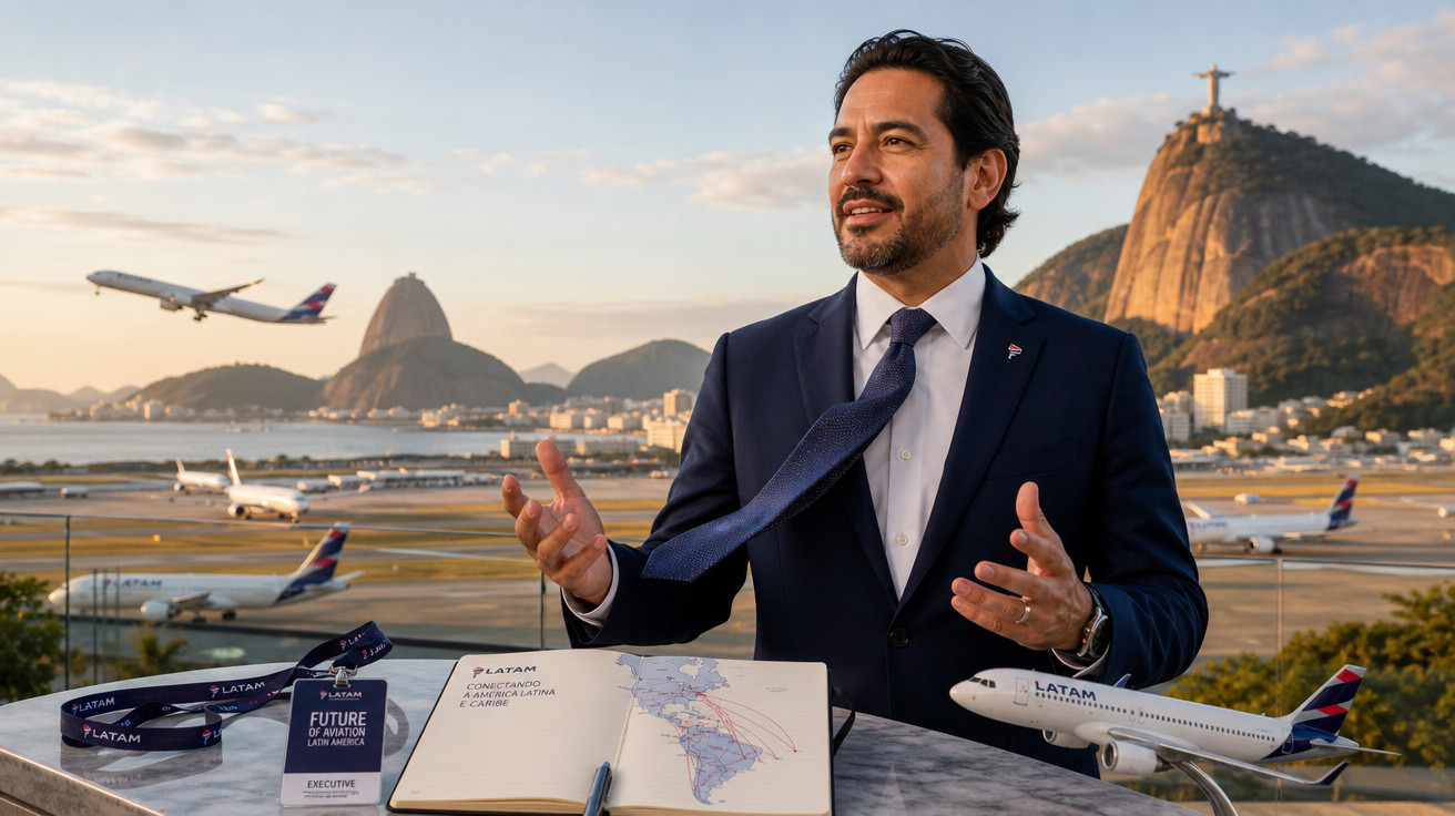Homem em terno com mapas e modelos de avião da LATAM, Cristo Redentor e Pão de Açúcar ao fundo no Rio de Janeiro.