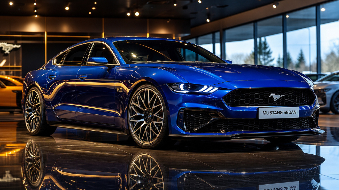 Carro esportivo Ford Mustang sedan azul em exposição com iluminação interna e piso refletivo.